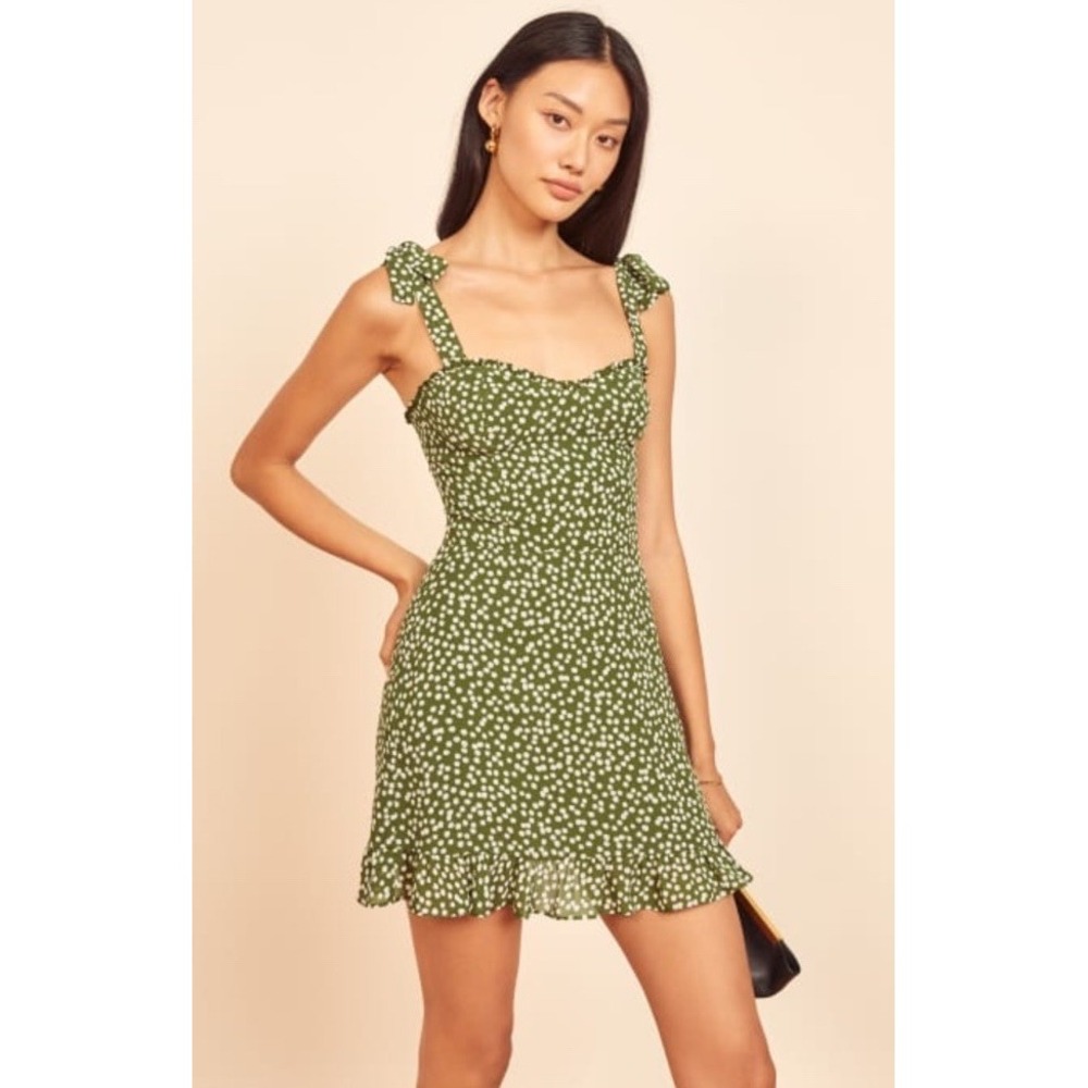 Reformation Olive Green Mini Dress with White Dot Print